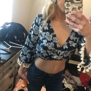 Blue floral crop top w/ fringe bell sleeves ANGL